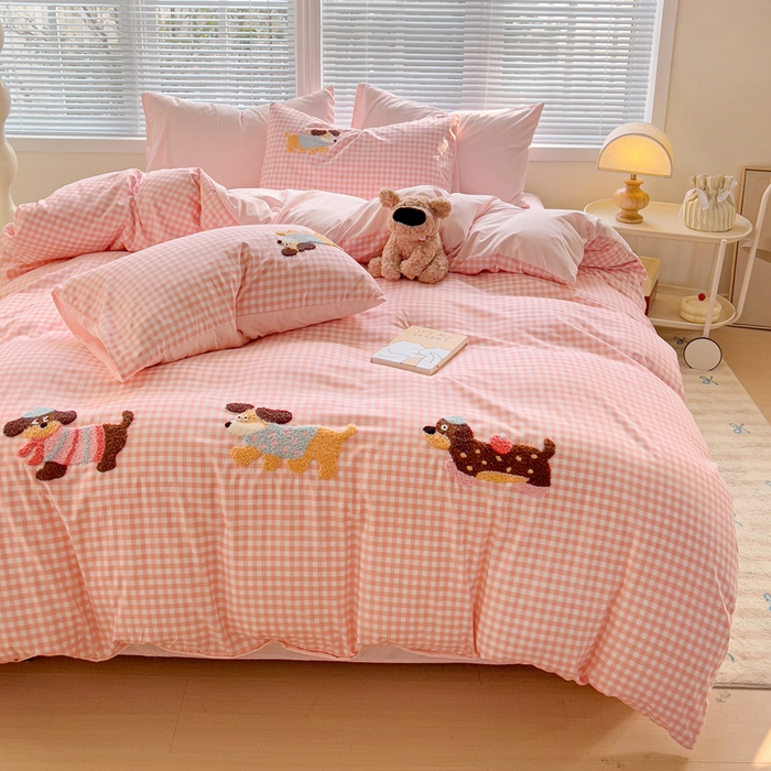 91家纺网 家纺一手货源 找家纺 （总）欧妮家纺 2025新款水洗棉毛巾绣床上用品四件套宿舍床三件套-可爱狗狗系列