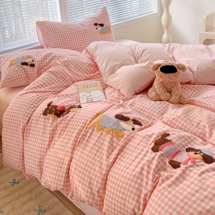 91家纺网 家纺一手货源 找家纺 （总）欧妮家纺 2025新款水洗棉毛巾绣床上用品四件套宿舍床三件套-可爱狗狗系列