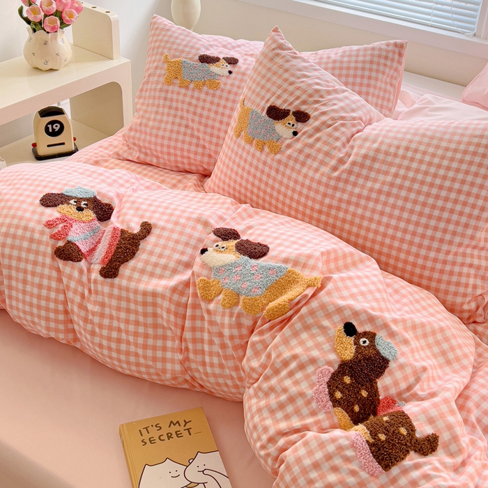 91家纺网 家纺一手货源 找家纺 （总）欧妮家纺 2025新款水洗棉毛巾绣床上用品四件套宿舍床三件套-可爱狗狗系列
