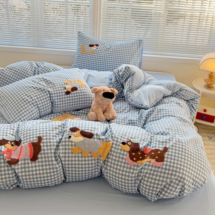 91家纺网 家纺一手货源 找家纺 （总）欧妮家纺 2025新款水洗棉毛巾绣床上用品四件套宿舍床三件套-可爱狗狗系列