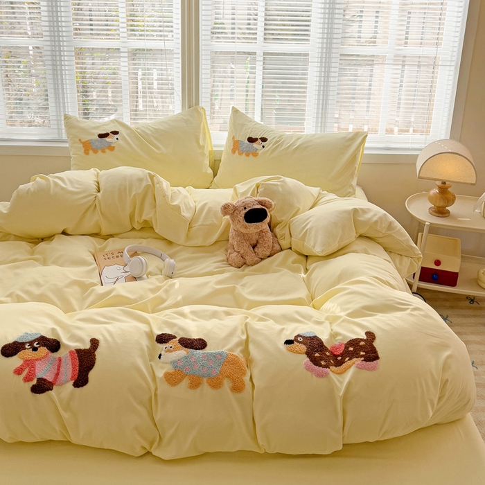 91家纺网 家纺一手货源 找家纺 （总）欧妮家纺 2025新款水洗棉毛巾绣床上用品四件套宿舍床三件套-可爱狗狗系列