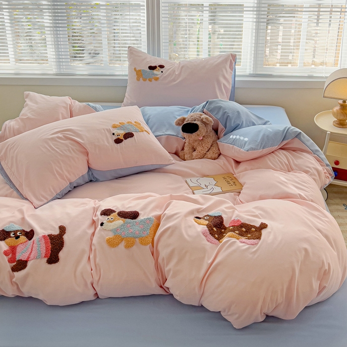 91家纺网 家纺一手货源 找家纺 （总）欧妮家纺 2025新款水洗棉毛巾绣床上用品四件套宿舍床三件套-可爱狗狗系列