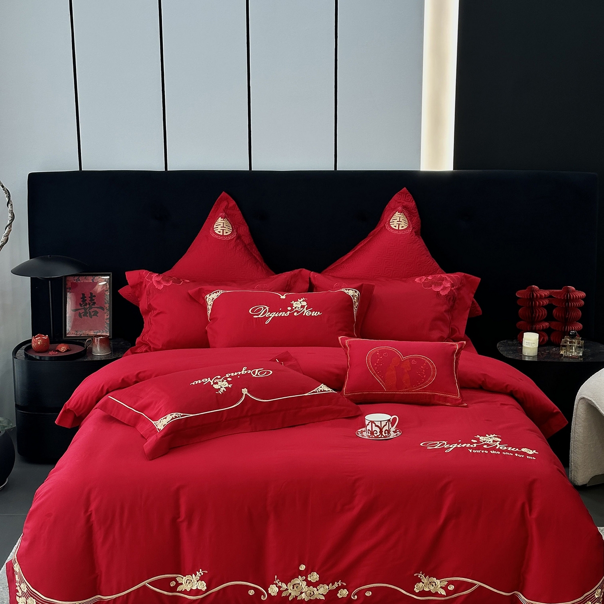 JUICY 橘滋家纺 2026新款全棉提花高端婚庆刺绣传臻系列四件套多件套 玫瑰传情