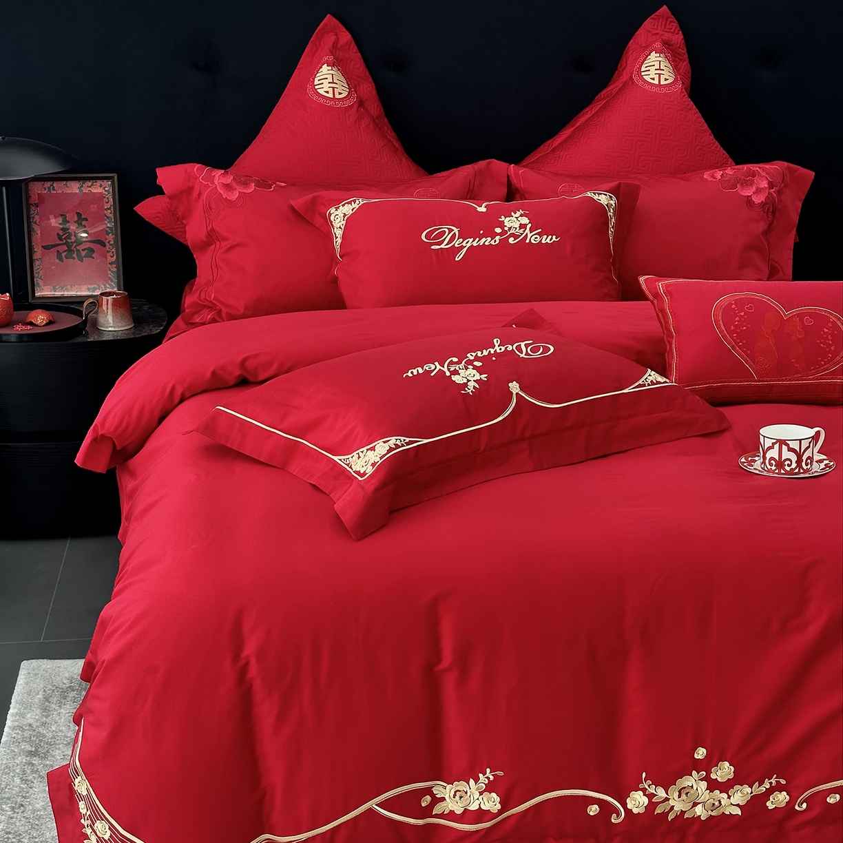 91家纺网 家纺一手货源 找家纺 JUICY 橘滋家纺 2026新款全棉提花高端婚庆刺绣传臻系列四件套多件套 玫瑰传情