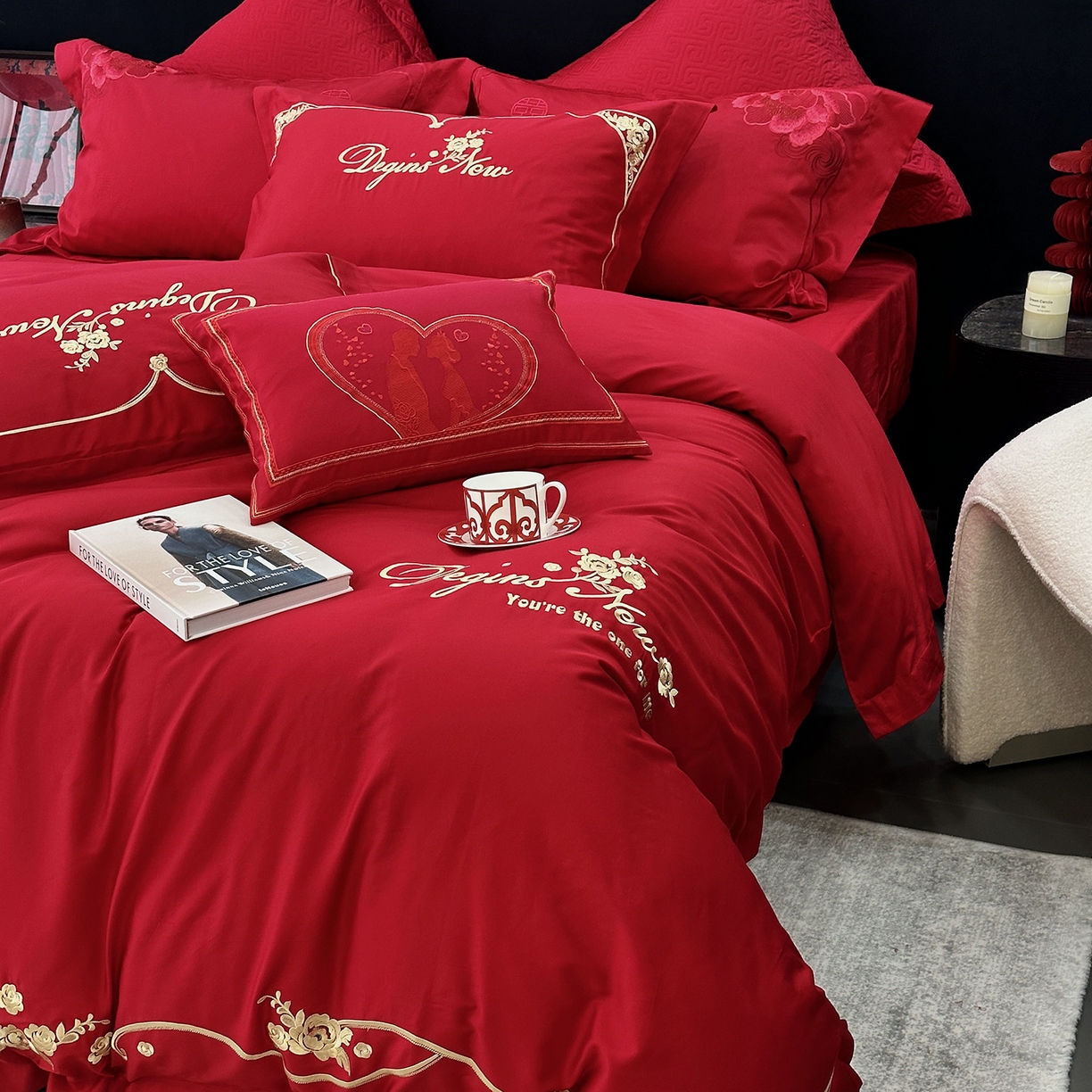 91家纺网 家纺一手货源 找家纺 JUICY 橘滋家纺 2026新款全棉提花高端婚庆刺绣传臻系列四件套多件套 玫瑰传情