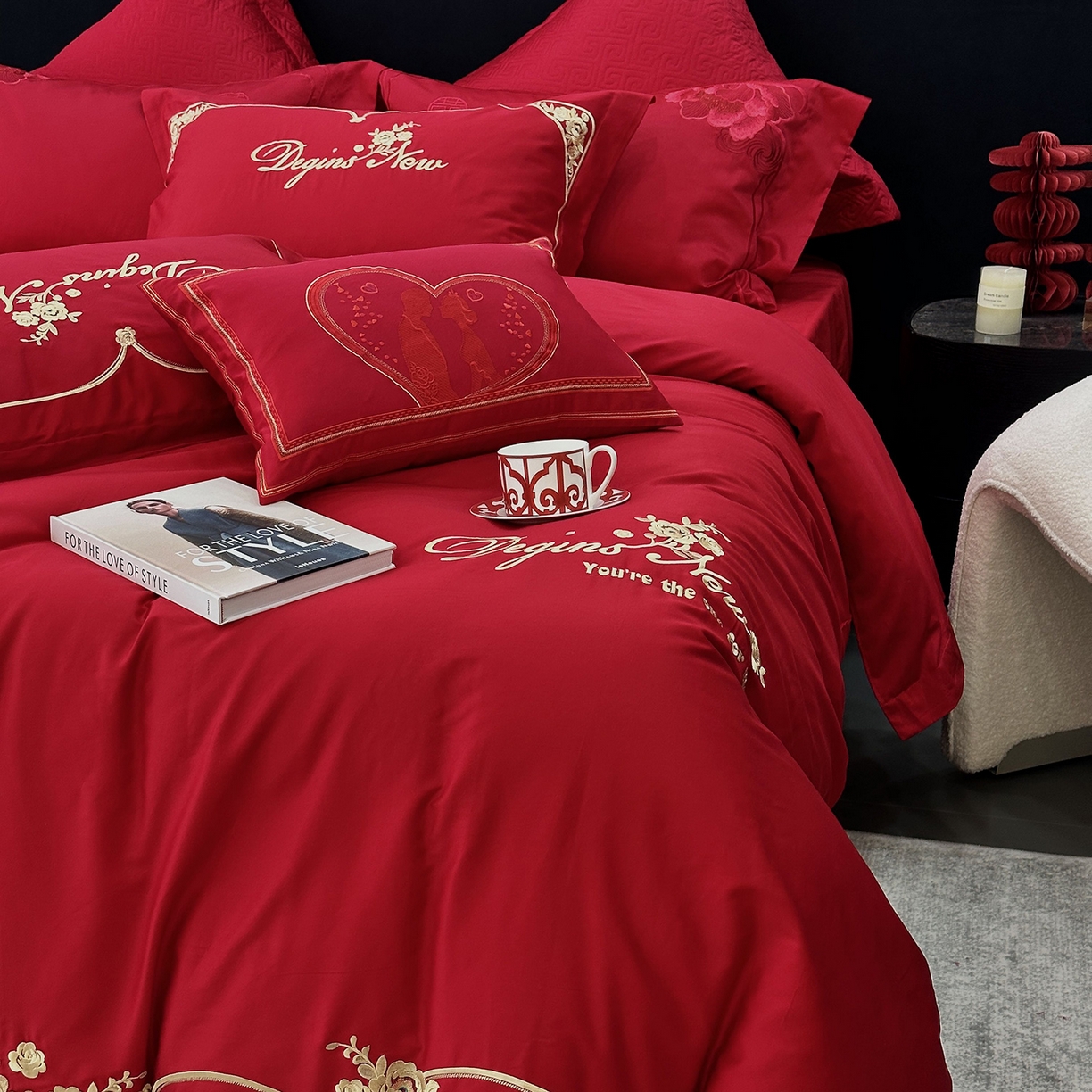 91家纺网 家纺一手货源 找家纺 JUICY 橘滋家纺 2026新款全棉提花高端婚庆刺绣传臻系列四件套多件套 玫瑰传情