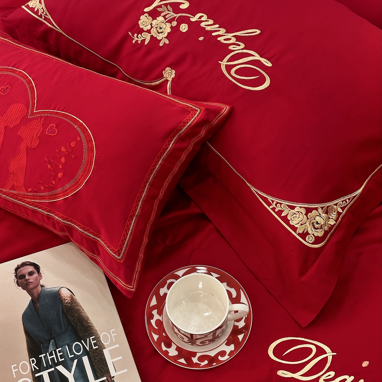 91家纺网 家纺一手货源 找家纺 JUICY 橘滋家纺 2026新款全棉提花高端婚庆刺绣传臻系列四件套多件套 玫瑰传情