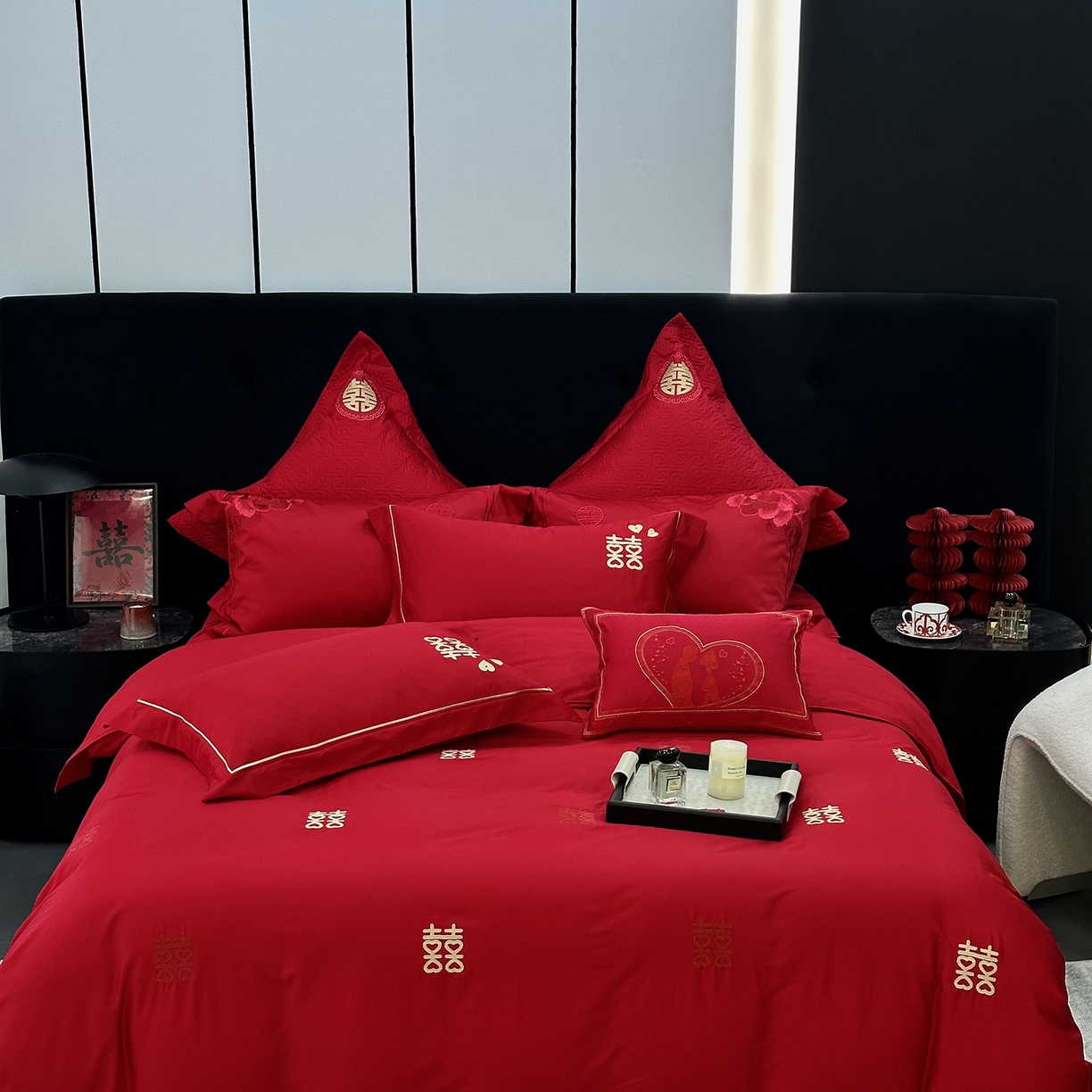 JUICY 橘滋家纺 2026新款全棉提花高端婚庆刺绣传臻系列四件套多件套 喜临门