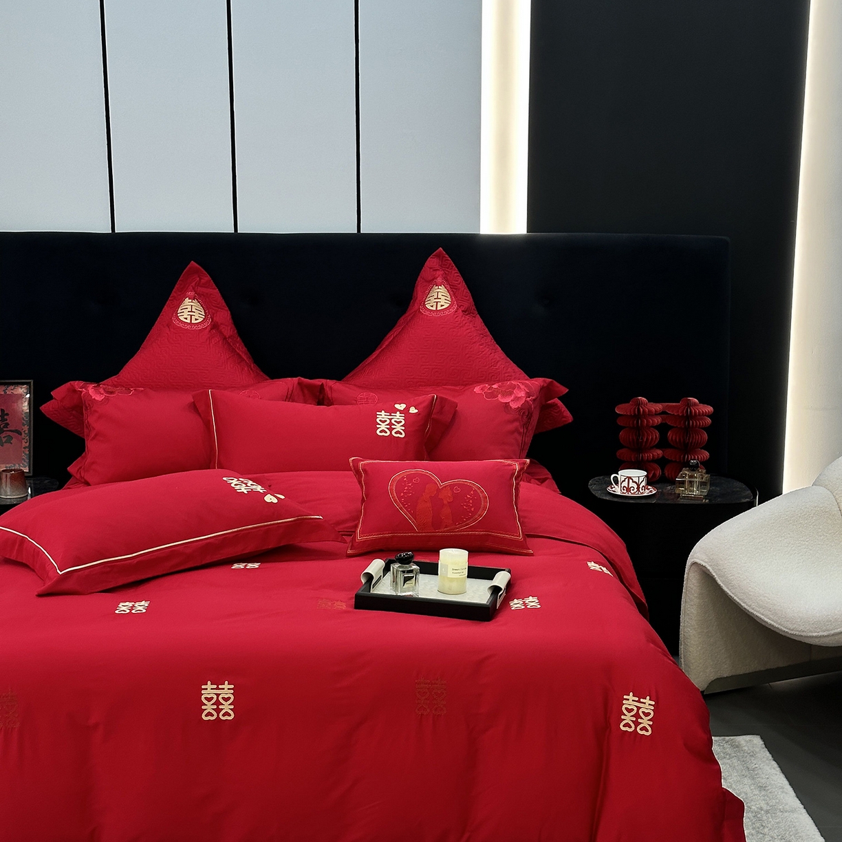 91家纺网 家纺一手货源 找家纺 JUICY 橘滋家纺 2026新款全棉提花高端婚庆刺绣传臻系列四件套多件套 喜临门