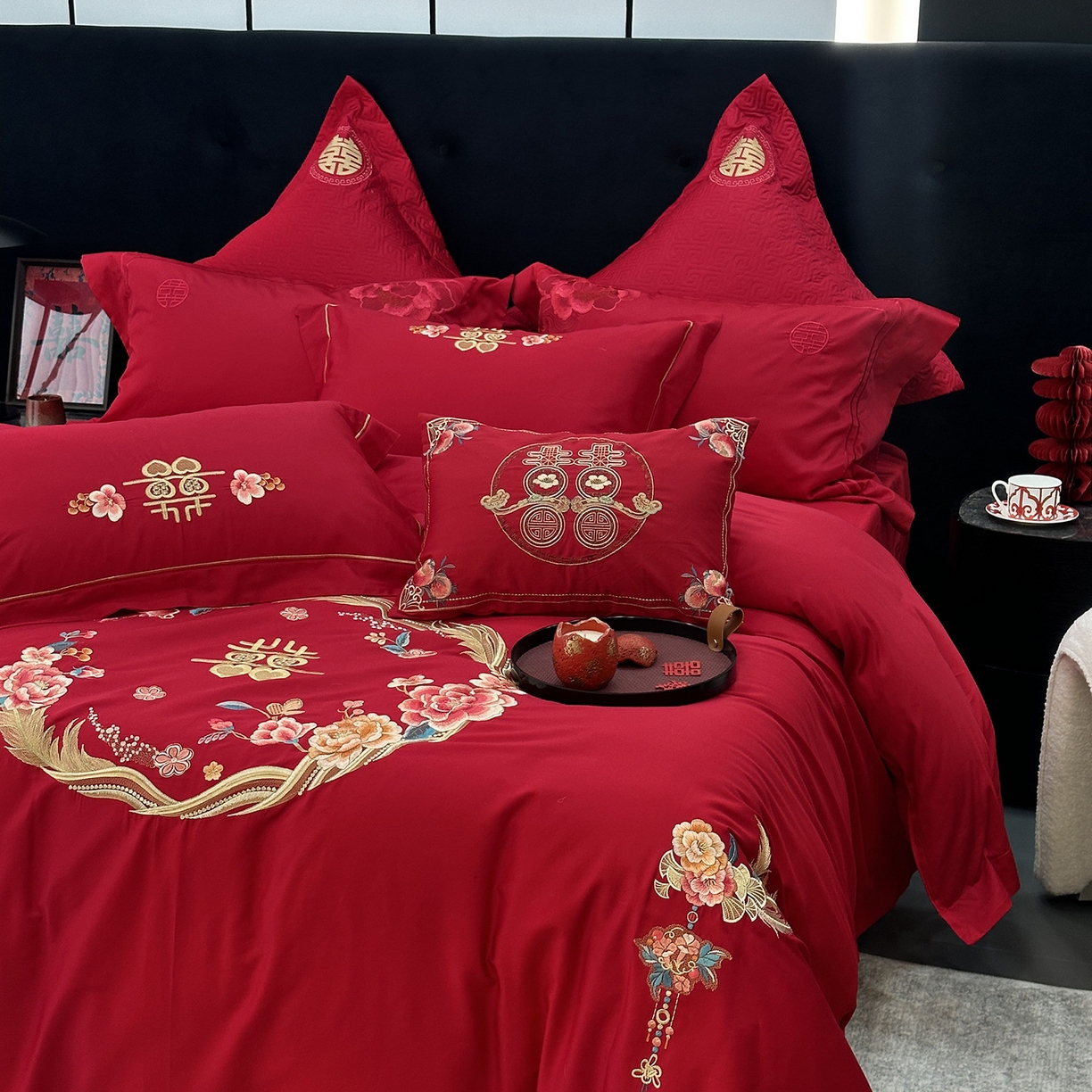 91家纺网 家纺一手货源 找家纺 JUICY 橘滋家纺 2026新款全棉提花高端婚庆刺绣传臻系列四件套多件套 挚爱