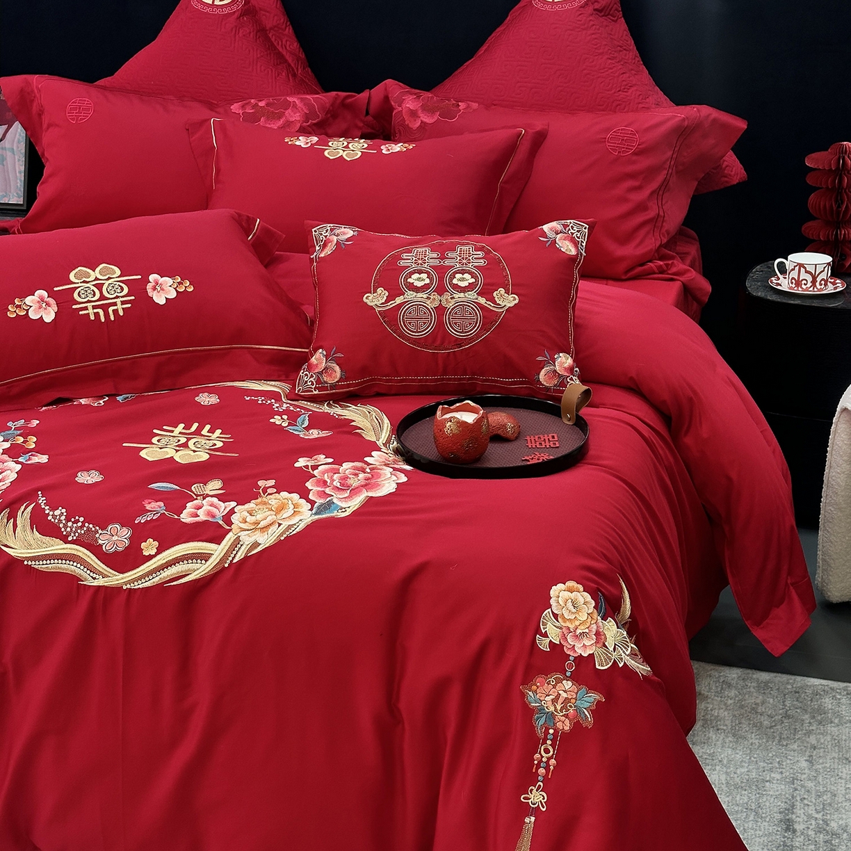 91家纺网 家纺一手货源 找家纺 JUICY 橘滋家纺 2026新款全棉提花高端婚庆刺绣传臻系列四件套多件套 挚爱