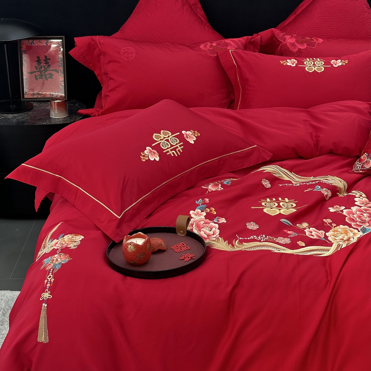 91家纺网 家纺一手货源 找家纺 JUICY 橘滋家纺 2026新款全棉提花高端婚庆刺绣传臻系列四件套多件套 挚爱