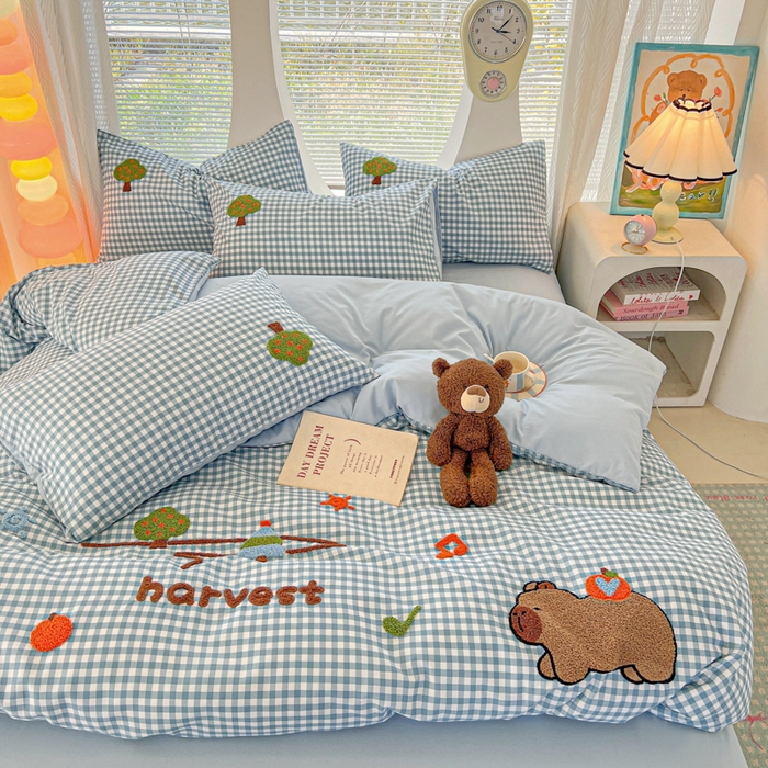 欧妮家纺 2025新款水洗棉单被套柔软毛巾绣刺绣学生宿舍单件被罩卡通-拉拉旅行 拉拉旅行-兰色格