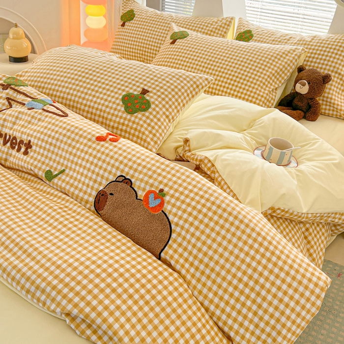 91家纺网 家纺一手货源 找家纺 欧妮家纺 2025新款水洗棉单被套柔软毛巾绣刺绣学生宿舍单件被罩卡通-拉拉旅行 拉拉旅行-黄色格