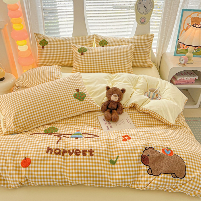 欧妮家纺 2025新款水洗棉单被套柔软毛巾绣刺绣学生宿舍单件被罩卡通-拉拉旅行 拉拉旅行-黄色格