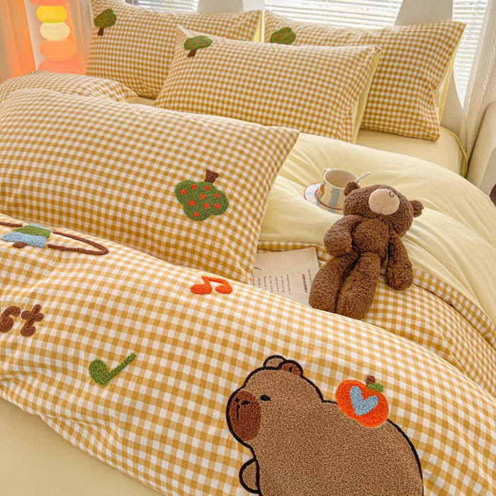 91家纺网 家纺一手货源 找家纺 欧妮家纺 2025新款水洗棉单被套柔软毛巾绣刺绣学生宿舍单件被罩卡通-拉拉旅行 拉拉旅行-黄色格