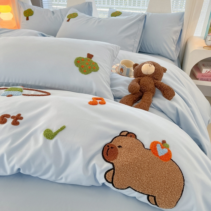 91家纺网 家纺一手货源 找家纺 （总）欧妮家纺 2025新款水洗棉毛巾绣床单被套四件套宿舍床上三件套-拉拉旅行系列