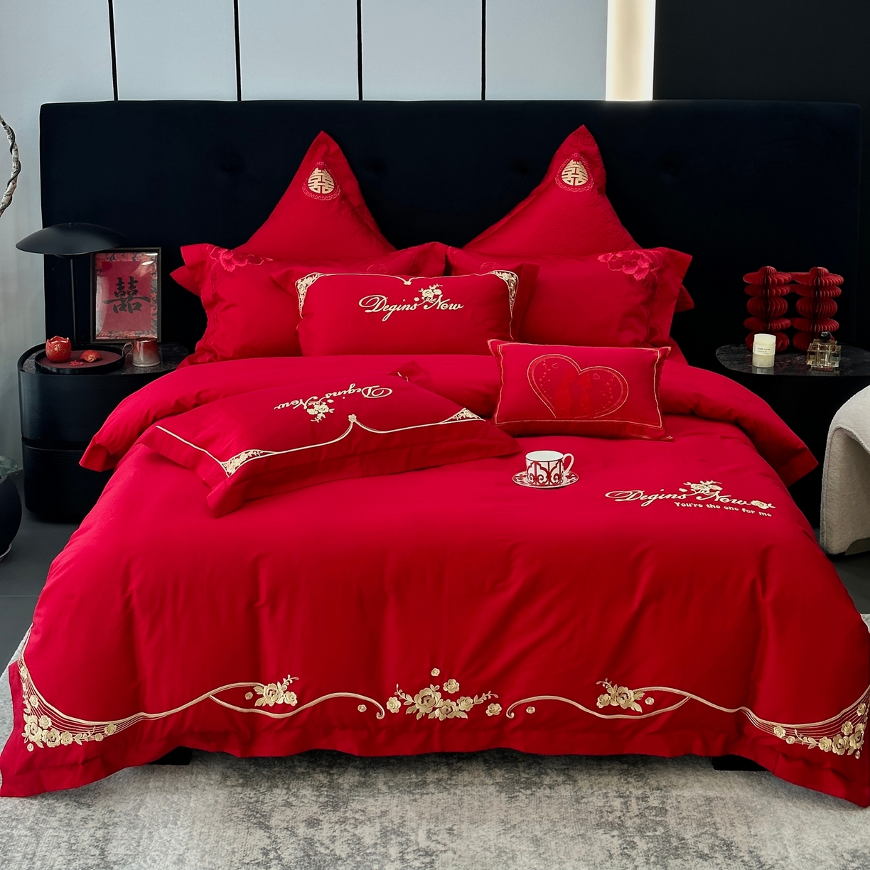 91家纺网 家纺一手货源 找家纺 （总）JUICY 橘滋家纺 2026新款全棉提花高端婚庆刺绣传臻系列四件套多件套