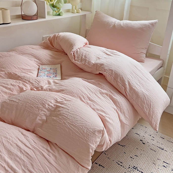 欧妮家纺 2025新款纯色水洗棉四件套学生宿舍床单被套三件套床上用品-【含买家秀】 纯色-浅粉