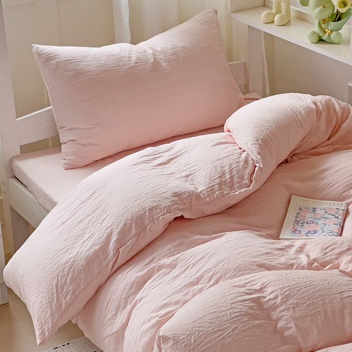 91家纺网 家纺一手货源 找家纺 欧妮家纺 2025新款纯色水洗棉四件套学生宿舍床单被套三件套床上用品-【含买家秀】 纯色-浅粉