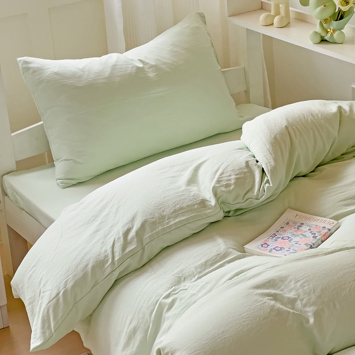 91家纺网 家纺一手货源 找家纺 欧妮家纺 2025新款纯色水洗棉四件套学生宿舍床单被套三件套床上用品-【含买家秀】 纯色-浅绿