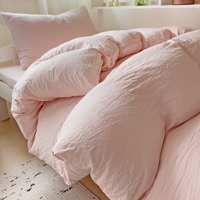 91家纺网 家纺一手货源 找家纺 欧妮家纺 2025新款纯色水洗棉四件套学生宿舍床单被套三件套床上用品-【含买家秀】 纯色-浅粉