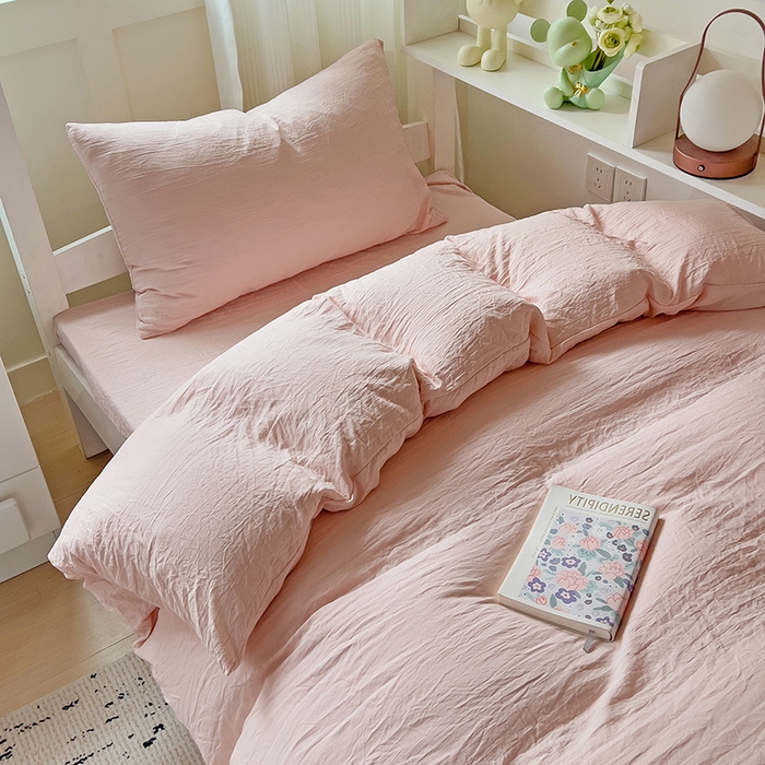 91家纺网 家纺一手货源 找家纺 欧妮家纺 2025新款纯色水洗棉四件套学生宿舍床单被套三件套床上用品-【含买家秀】 纯色-浅粉