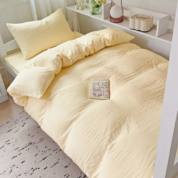 91家纺网 家纺一手货源 找家纺 欧妮家纺 2025新款纯色水洗棉四件套学生宿舍床单被套三件套床上用品-【含买家秀】 纯色-奶黄