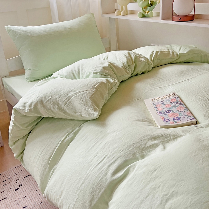 91家纺网 家纺一手货源 找家纺 欧妮家纺 2025新款纯色水洗棉四件套学生宿舍床单被套三件套床上用品-【含买家秀】 纯色-浅绿