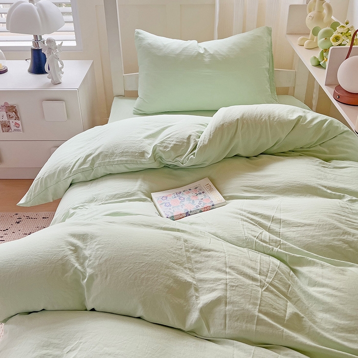 91家纺网 家纺一手货源 找家纺 欧妮家纺 2025新款纯色水洗棉四件套学生宿舍床单被套三件套床上用品-【含买家秀】 纯色-浅绿