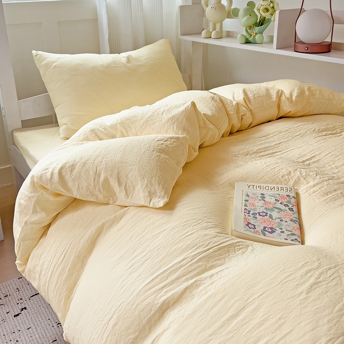91家纺网 家纺一手货源 找家纺 欧妮家纺 2025新款纯色水洗棉四件套学生宿舍床单被套三件套床上用品-【含买家秀】 纯色-奶黄