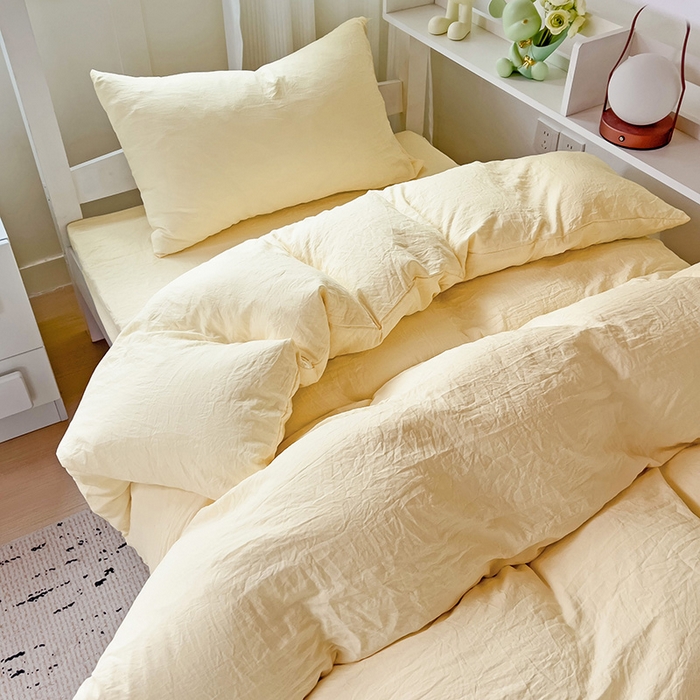 91家纺网 家纺一手货源 找家纺 欧妮家纺 2025新款纯色水洗棉四件套学生宿舍床单被套三件套床上用品-【含买家秀】 纯色-奶黄