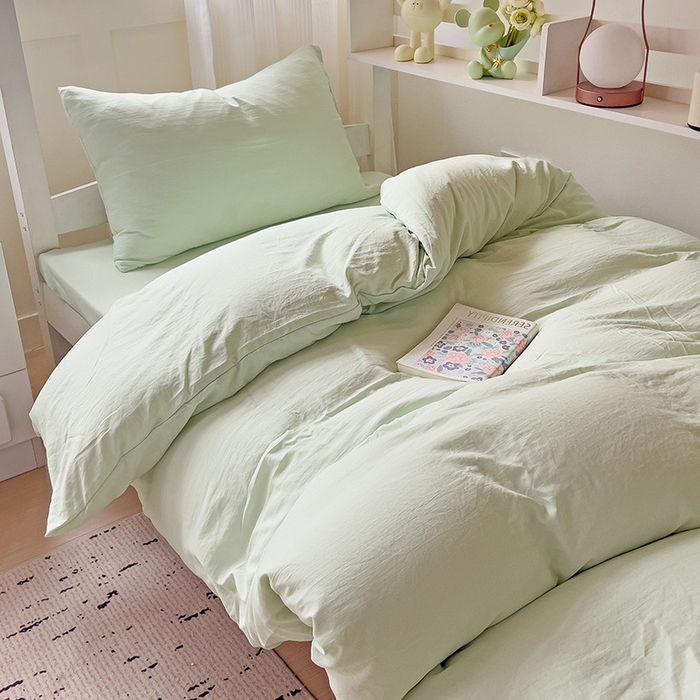 91家纺网 家纺一手货源 找家纺 欧妮家纺 2025新款纯色水洗棉四件套学生宿舍床单被套三件套床上用品-【含买家秀】 纯色-浅绿