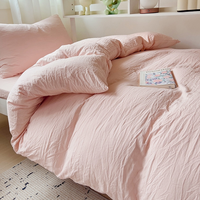 91家纺网 家纺一手货源 找家纺 欧妮家纺 2025新款纯色水洗棉四件套学生宿舍床单被套三件套床上用品-【含买家秀】 纯色-浅粉