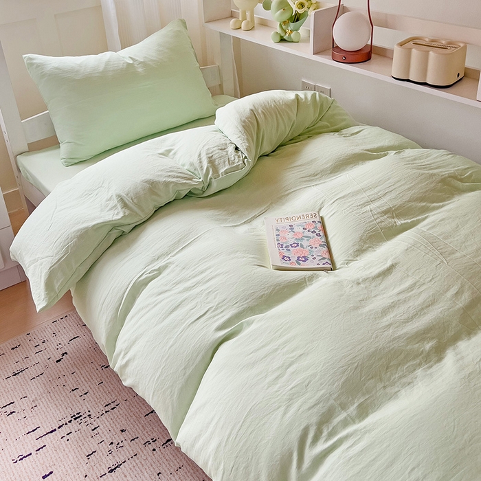91家纺网 家纺一手货源 找家纺 欧妮家纺 2025新款纯色水洗棉四件套学生宿舍床单被套三件套床上用品-【含买家秀】 纯色-浅绿