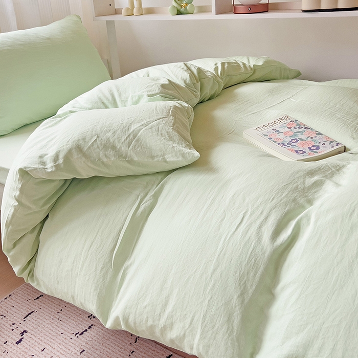 91家纺网 家纺一手货源 找家纺 欧妮家纺 2025新款纯色水洗棉四件套学生宿舍床单被套三件套床上用品-【含买家秀】 纯色-浅绿