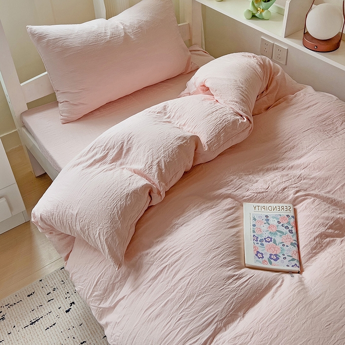 91家纺网 家纺一手货源 找家纺 欧妮家纺 2025新款纯色水洗棉四件套学生宿舍床单被套三件套床上用品-【含买家秀】 纯色-浅粉