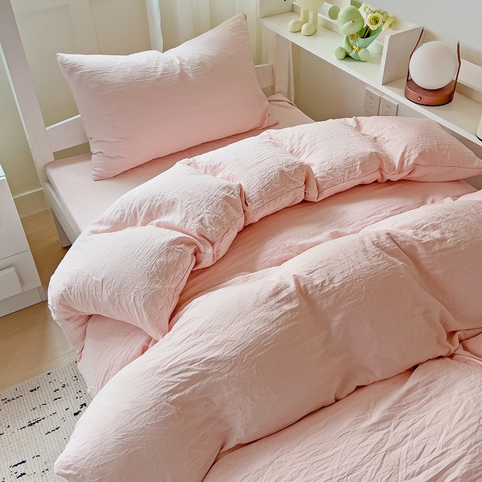 91家纺网 家纺一手货源 找家纺 欧妮家纺 2025新款纯色水洗棉四件套学生宿舍床单被套三件套床上用品-【含买家秀】 纯色-浅粉