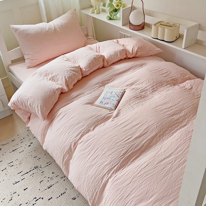 91家纺网 家纺一手货源 找家纺 欧妮家纺 2025新款纯色水洗棉四件套学生宿舍床单被套三件套床上用品-【含买家秀】 纯色-浅粉