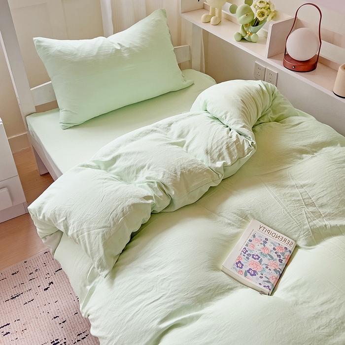 91家纺网 家纺一手货源 找家纺 欧妮家纺 2025新款纯色水洗棉四件套学生宿舍床单被套三件套床上用品-【含买家秀】 纯色-浅绿