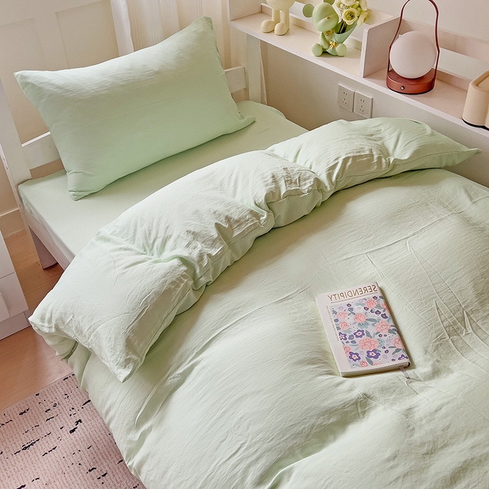 91家纺网 家纺一手货源 找家纺 欧妮家纺 2025新款纯色水洗棉四件套学生宿舍床单被套三件套床上用品-【含买家秀】 纯色-浅绿