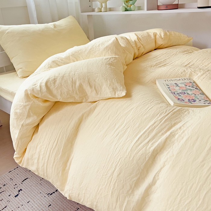 91家纺网 家纺一手货源 找家纺 欧妮家纺 2025新款纯色水洗棉四件套学生宿舍床单被套三件套床上用品-【含买家秀】 纯色-奶黄