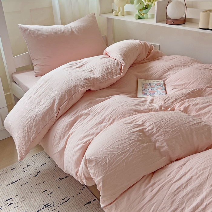 91家纺网 家纺一手货源 找家纺 欧妮家纺 2025新款纯色水洗棉四件套学生宿舍床单被套三件套床上用品-【含买家秀】 纯色-浅粉