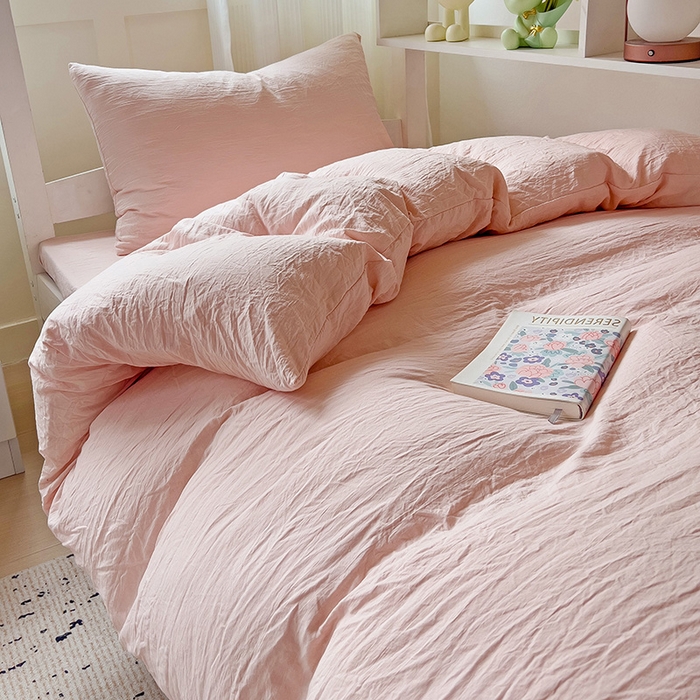 91家纺网 家纺一手货源 找家纺 欧妮家纺 2025新款纯色水洗棉四件套学生宿舍床单被套三件套床上用品-【含买家秀】 纯色-浅粉