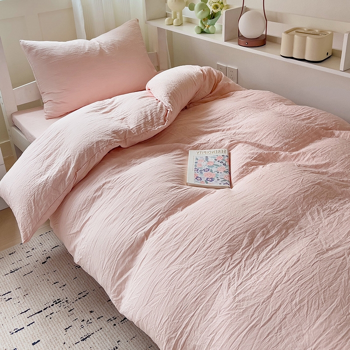 91家纺网 家纺一手货源 找家纺 欧妮家纺 2025新款纯色水洗棉四件套学生宿舍床单被套三件套床上用品-【含买家秀】 纯色-浅粉