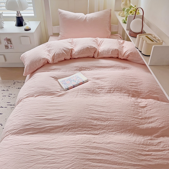 91家纺网 家纺一手货源 找家纺 欧妮家纺 2025新款纯色水洗棉四件套学生宿舍床单被套三件套床上用品-【含买家秀】 纯色-浅粉