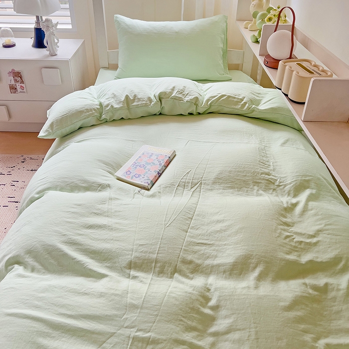 91家纺网 家纺一手货源 找家纺 欧妮家纺 2025新款纯色水洗棉四件套学生宿舍床单被套三件套床上用品-【含买家秀】 纯色-浅绿