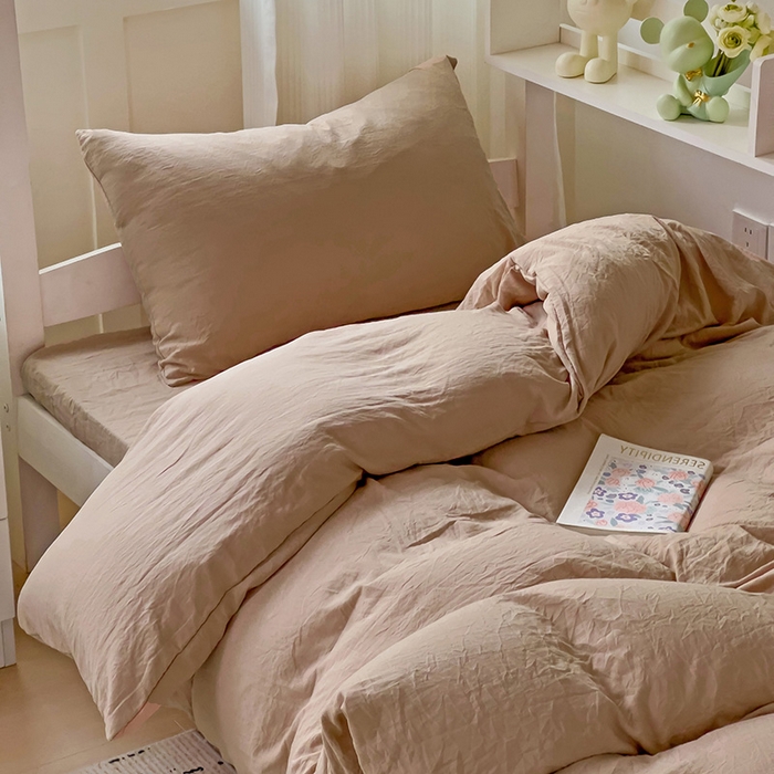 91家纺网 家纺一手货源 找家纺 欧妮家纺 2025新款纯色水洗棉四件套学生宿舍床单被套三件套床上用品-【含买家秀】 纯色-奶咖