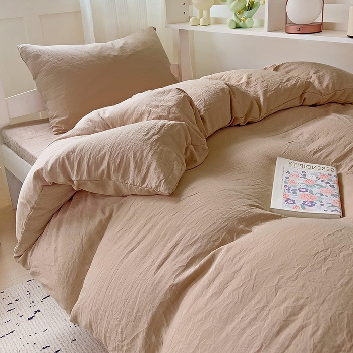91家纺网 家纺一手货源 找家纺 欧妮家纺 2025新款纯色水洗棉四件套学生宿舍床单被套三件套床上用品-【含买家秀】 纯色-奶咖