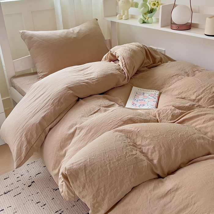 91家纺网 家纺一手货源 找家纺 欧妮家纺 2025新款纯色水洗棉四件套学生宿舍床单被套三件套床上用品-【含买家秀】 纯色-奶咖